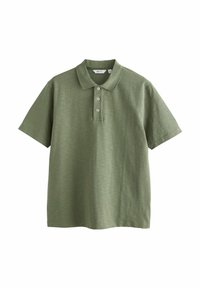 Kratka majica s polo ovratnikom maslinasto zelene boje, izrađena od teksturiranog pamuka, s ovratnikom i pladnjem s tri gumba.
