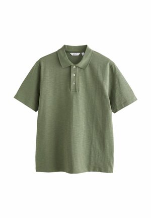 Olive zelena polo majica s kratkimi rokavi iz teksturiranega bombaža, z ovratnikom in tridelnim zapenjanjem na gumbe.