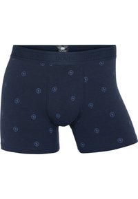 Mørkeblå boxer shorts lavet af blødt bomuld med en tætsiddende pasform. Har små lyseblå cirkler i et gentagende mønster. DOVRE elastik.