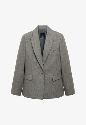 Gray tweed blazer with a notched collar, single-button closure, front pockets, and a smooth lining. Features a subtle striped pattern.