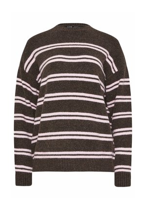 Brązowy sweter dziany z poziomymi jasnoróżowymi paskami, długimi rękawami, okrągłym dekoltem oraz ściągaczami na mankietach i brzegu.