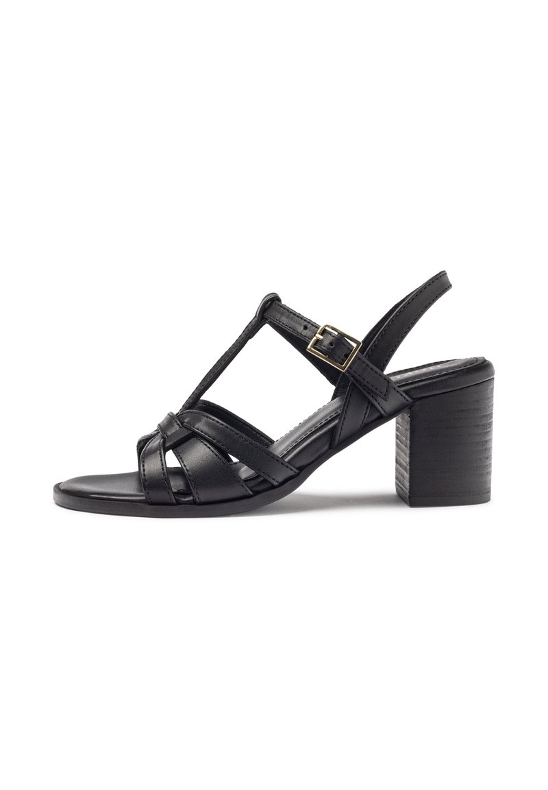 Black leather heeled sandals featuring crisscross strap design, open toe, ankle strap with buckle, and textured block heel.