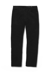 Sorte kordfløjspants med frontknap og lynlås, der har to for- lommer og et lige ben.