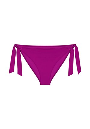 Magenta dół bikini z bocznymi wiązaniami i gładkim, bezszwowym wykończeniem, prezentowany na białym tle.