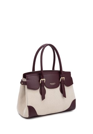 Sac à main en tissu beige avec poignées, rabat et coins en cuir marron foncé, doté de boucles dorées et du logo « DIANASCO FIRENZE ».