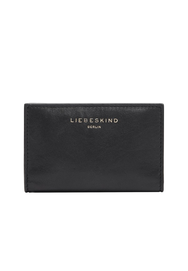 Schwarze Lederbörse mit glatter Textur, mit dem goldenen eingeprägten Markennamen "LIEBESKIND BERLIN" auf der Vorderseite. Kompakte rechteckige Form.
