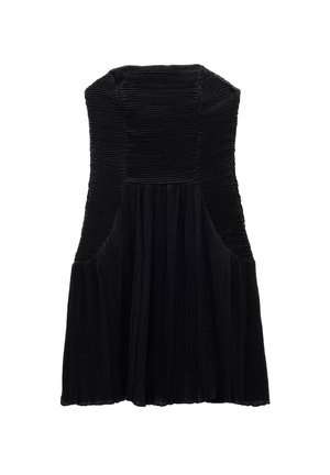 Mustat hihattomat mekko, jossa on pystysuora viilto, värähtävä hame, ja sivutaskut, jossa on rakenteellinen vartalon muotoilu.