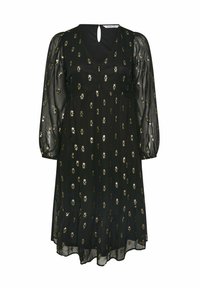 Svart klänning med V-ringning, långa genomskinliga ärmar och en nyckelhålsrygg. Har gyllene blommönster över hela klänningen och en utsvängd nederdel.