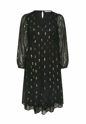 Zwarte jurk met een V-hals, lange doorschijnende mouwen en een sleutelgatrug. Bevat gouden bloempatronen door de hele jurk en heeft een uitlopende zoom.