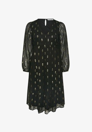 Schwarzes Kleid mit V-Ausschnitt, langen transparenten Ärmeln und einer Schlüssel.Ausschnitt hinten. Verziert mit goldenen Blumenmustern und einem ausladenden Saum.