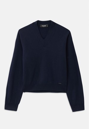 Navy blue, long-sleeve sweater with a V-neck design, crafted from a soft fabric. Features ribbed cuffs and hem, minimal branding at the bottom.