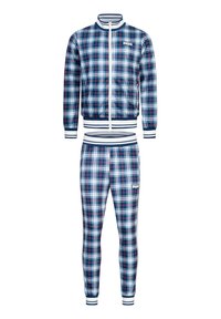 Geruite trainingsoutfit met een ritssluiting jasje en taps toelopende broek, in marineblauw, wit en rood. Materiaal heeft een gladde afwerking; ribgebreide manchetten en afwerkingen.
