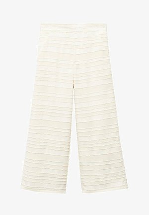 Lyse elfenbensfarvede bukser med brede ben og teksturerede horisontale flæser. Har en afslappet pasform og elastisk taljebånd for komfort.