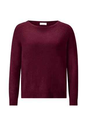 Burgundy knit sweater with a round neckline and long sleeves. Features ribbed accents at the cuffs and hem. Soft, textured fabric.