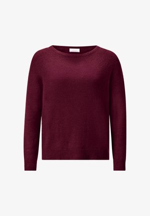 Burgundy knit sweater with a round neckline and long sleeves. Features ribbed accents at the cuffs and hem. Soft, textured fabric.