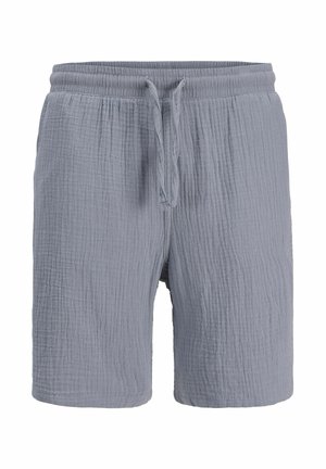 Világosszürke, texturált szövettel készült rövidnadrág, rugalmas derékpánttal és elöl húzózsinórral, fehér háttér előtt bemutatva.