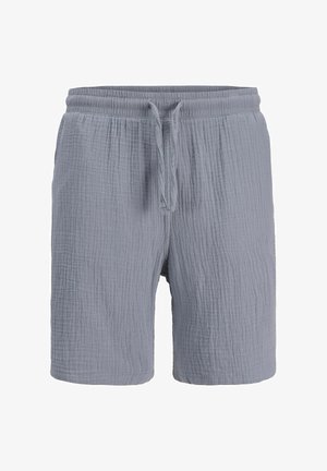 Világosszürke, texturált szövettel készült rövidnadrág, rugalmas derékpánttal és elöl húzózsinórral, fehér háttér előtt bemutatva.