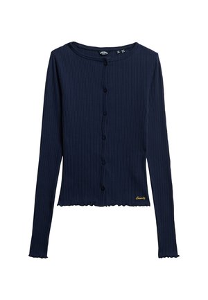 Marineblauwe geribde langemouw cardigan met een ronde hals, een sluiting met knopen aan de voorkant, een golvende onderrand en gele borduursels aan de linkerkant onderaan.