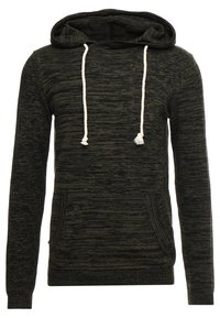 Felpa con cappuccio a maglia intrecciata verde scuro e nera con lacci bianchi e tasca a marsupio frontale, maniche lunghe e polsini aderenti.