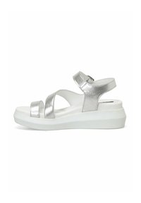 Sandales métalliques argentées avec des sangles ajustables, une semelle compensée et une plateforme blanche. Texture lisse avec des détails de conception minimalistes.