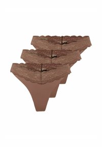 Drei Paare brauner Slips mit Spitze, die aus einem glatten Material und mit gewellten Kanten bestehen. Sie haben ein einfaches Design ohne sichtbare Beschläge.
