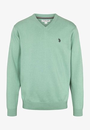 Maglione verde menta a scollo a V realizzato in tessuto lavorato a maglia, dotato di maniche lunghe e di un piccolo logo ricamato sul lato sinistro del petto.