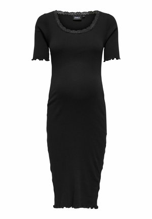 Black maternity ribbed midi dress with short sleeves, scalloped edges, and lace-trimmed scoop neckline.
