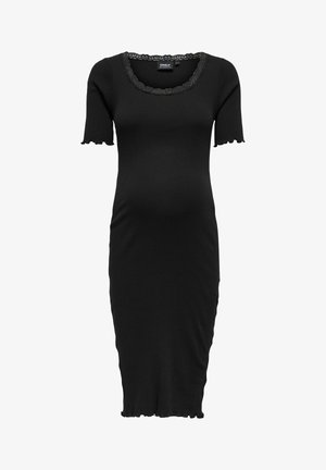 Black maternity ribbed midi dress with short sleeves, scalloped edges, and lace-trimmed scoop neckline.