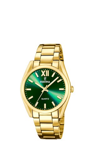 Goldene Metallarmbanduhr mit grünem Zifferblatt, goldenen Stundenmarkierungen, römischer Zwölf und drei Zeigern, die die Zeit 10:08:36 anzeigen.