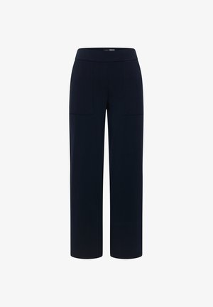 Pantaloni neri a gamba larga con una cintura piatta e due tasche a toppa frontali, semplici e su misura, adatti per un look casual o professionale.