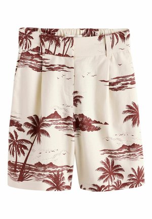 Kremowe szorty z elastycznym pasem, z brązowym tropikalnym nadrukiem palmy i wyspiarskiego krajobrazu.