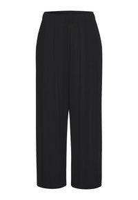 Schwarze weit geschnittene Hose mit elastischem Bund. Hergestellt aus einem glatten, leichten Stoff. Verfügt über eine lockere Passform und einen knielangen Schnitt.