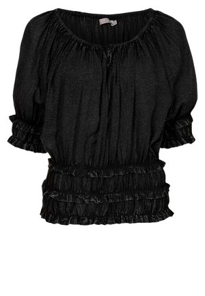 Black cotton blouse with puffed sleeves, elasticated neckline, waist, and cuffs, featuring ruffle details on sleeves and hem.