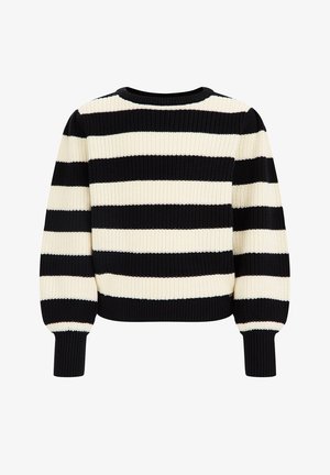 Sort og hvid stribet strikket sweater med lange ærmer og ribbede manchetter og kant.
