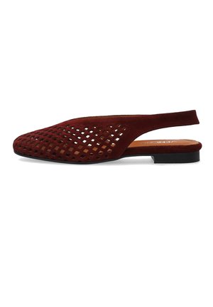 Kvinders flade slingback-sko i mørkerødt ruskind med geometrisk udskåret mønster og sort sål.