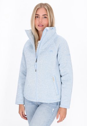 Light blue zip-up jacket made of soft fabric, featuring a high collar, side pockets, and a textured pattern.