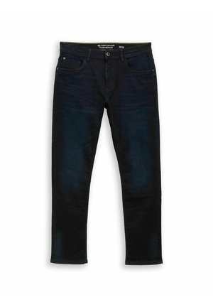 Blugi din denim închis cu o croială normală, design cu cinci buzunare și detalii cusute. Au închidere cu nasture și etichetă de brand pe talie.