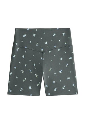 Shorts taille haute gris foncé avec des petites impressions florales blanches et bleues dispersées et une couture en forme de V au centre devant.