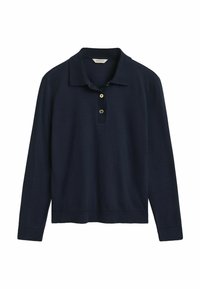 Navy long-sleeve polo shirt made of soft knit material. Features a classic collar, three-button placket, and a relaxed fit.