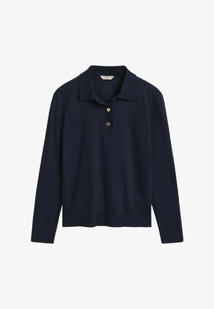 Tummansininen pitkähihaisen polo-paita, joka on valmistettu pehmeästä neulosmateriaalista. Siinä on klassinen kaulus, kolme napin aukkoa ja rento mitoitus.