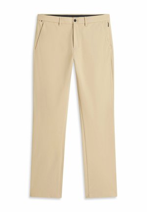 Beige rechte broek met zakken aan de voorkant, lussen voor een riem, knoopsluiting en een klein gestreept detail bij de tailleband.