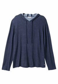 Marineblaues Langarm- Hoodie aus weichem Material mit lockerer Passform, ausgestattet mit einem V-Ausschnitt, Kordelzug und kontrastierender innerer Kapuze.
