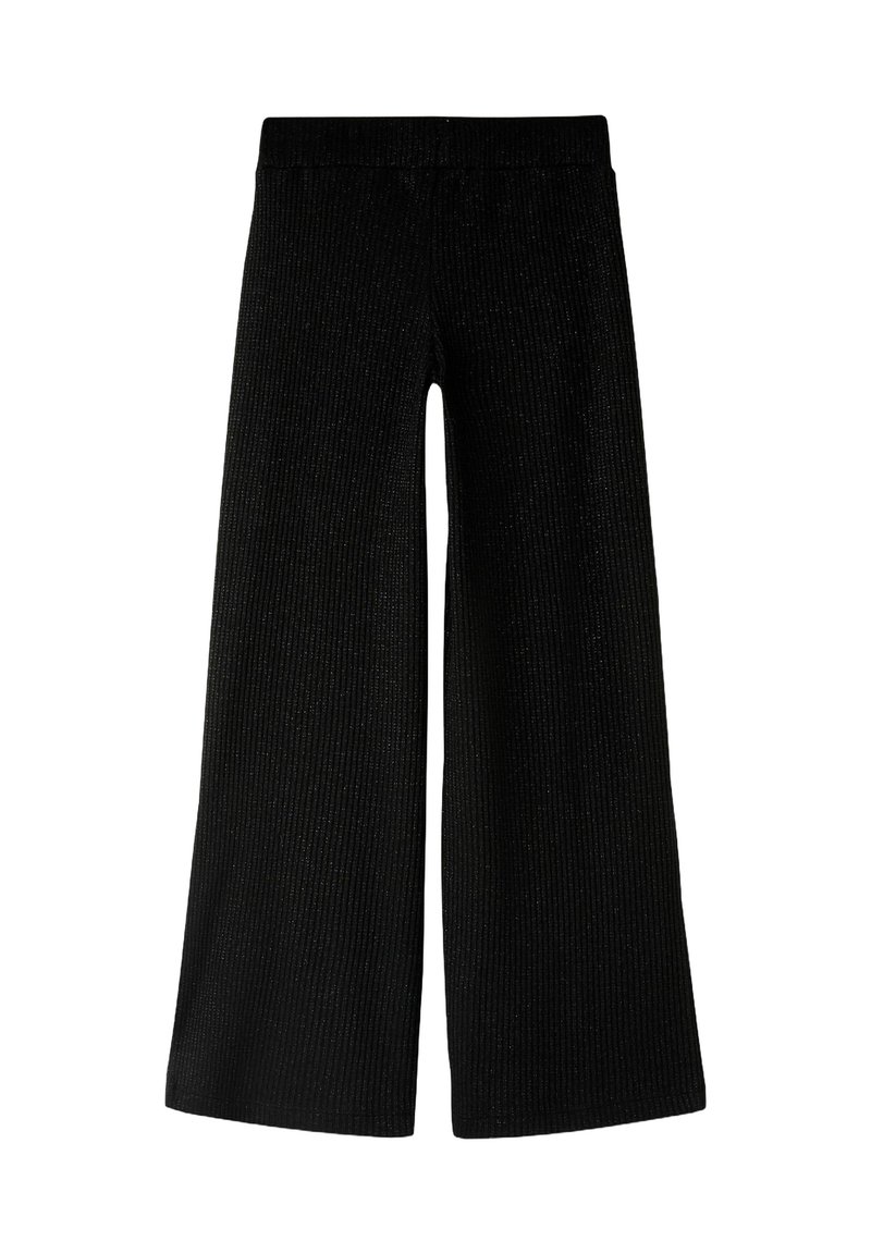 Mustad laia säärega püksid soonikkoes materjalist, millel on tekstuuriga viimistlus, kõrge vöökohaga ja nähtamatute kinnitustega.