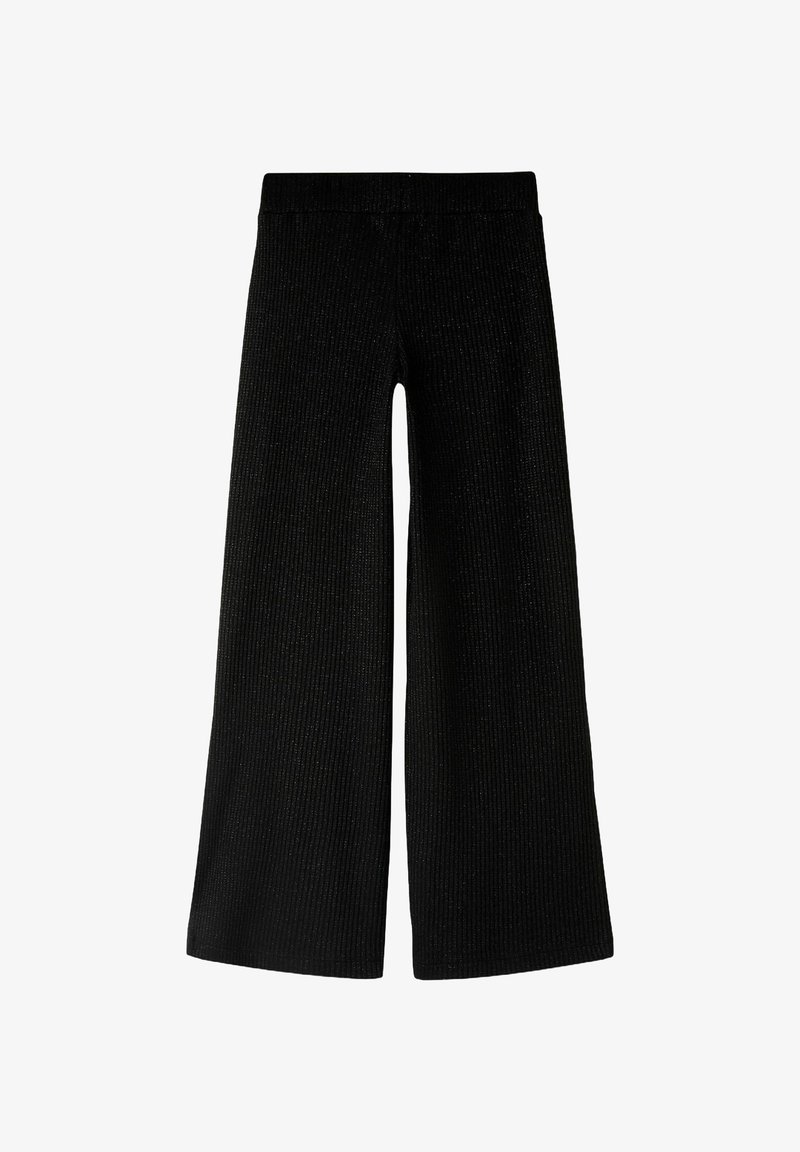 Mustad laia säärega püksid soonikkoes materjalist, millel on tekstuuriga viimistlus, kõrge vöökohaga ja nähtamatute kinnitustega.