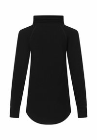 Schwarzer Pullover mit langen Ärmeln und hohem Kragen. Glatte Textur mit taillierter Form und abgerundetem Saum. Rippstrickbündchen an den Ärmeln.