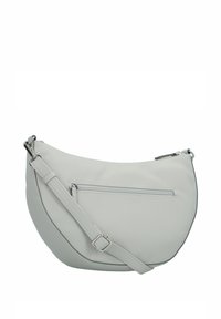 Borsa a spalla in pelle grigia con una forma curva, tracolla regolabile e tasca frontale con zip. Presenta un materiale testurizzato e dettagli in metallo argentato.