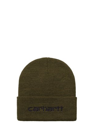 Berretto in maglia verde oliva con risvolto ricamato con il logo "carhartt" in filo scuro.