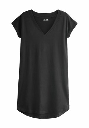 Czarny t-shirt z krótkim rękawem i dekoltem w serek, wykonany z miękkiej bawełny. Posiada luźny krój i zaokrąglony dół dla większego komfortu.