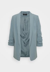 Jasnoniebieska marynarka z marszczonymi rękawami o długości trzech ćwiartek i gładką podszewką, z otwartym przodem, metka "PIECES" wewnątrz kołnierza.