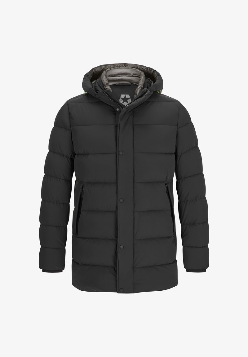 Schwarze gepolsterte Jacke mit Kapuze, vertikaler Stepptextur, zwei Seitentaschen und Druckknopfverschluss vorne. Das Futter ist grau.